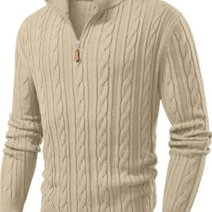 Men's Beige Cable Knit Zip-Up Sweater